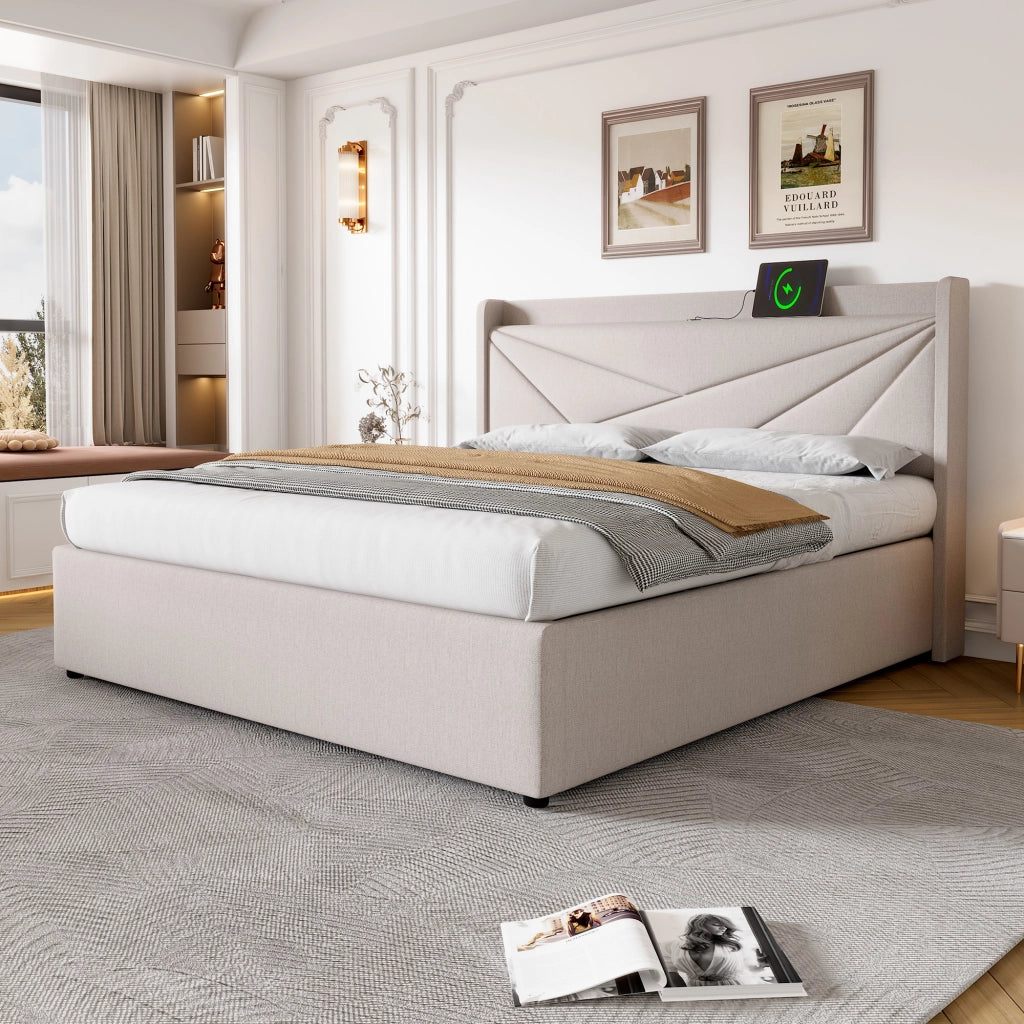 Letto matrimoniale contenitore 140x200 beige con testiera USB e Tipo-C