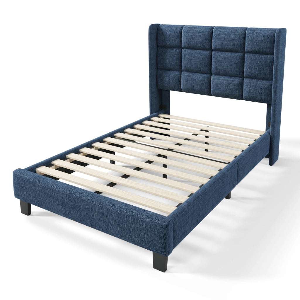 Letto singolo imbottito blu 90x200 cm con testiera