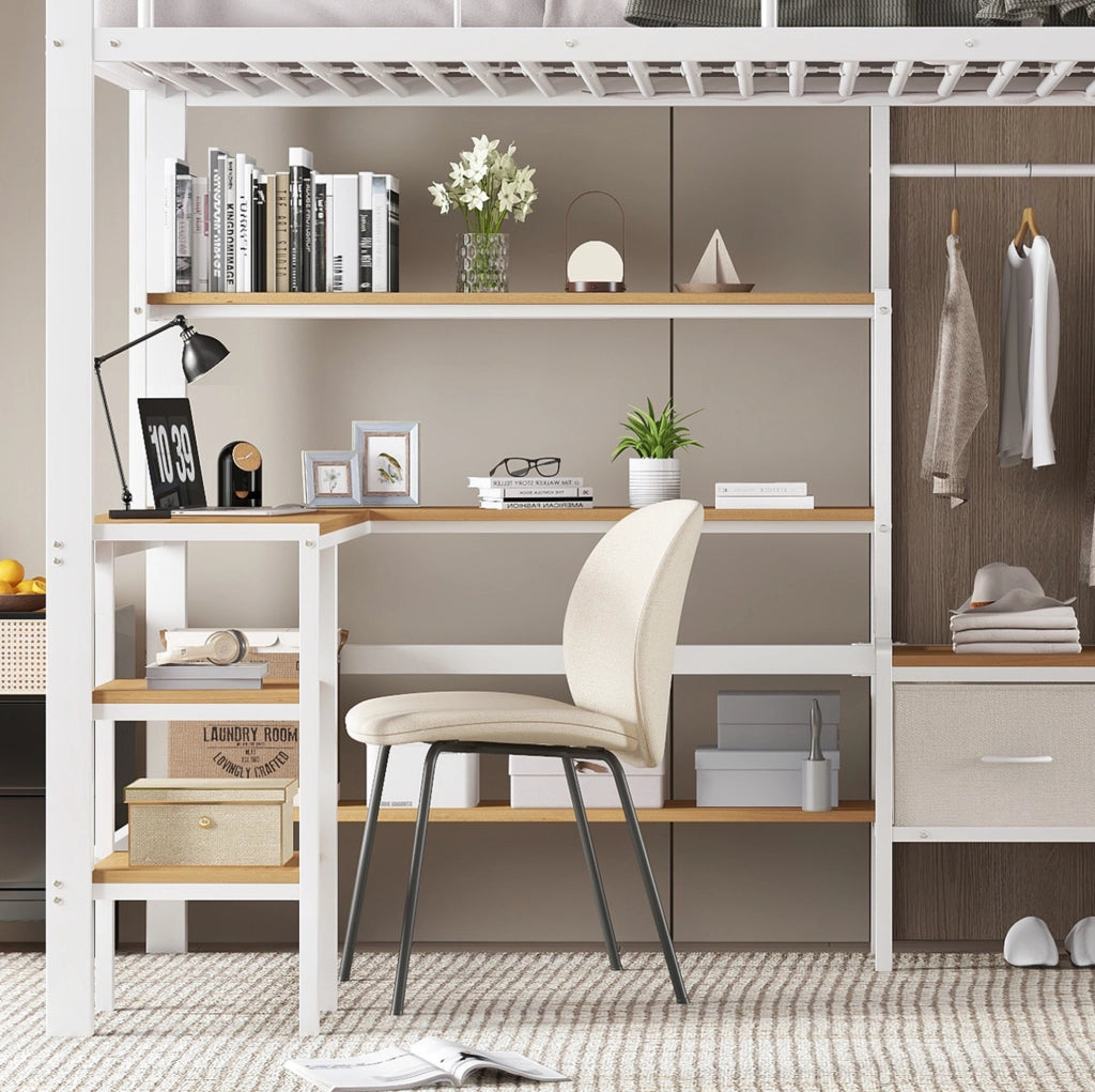 Letto a soppalco 90x200 cm con scrivania; scaffale e contenitori in metallo e MDF