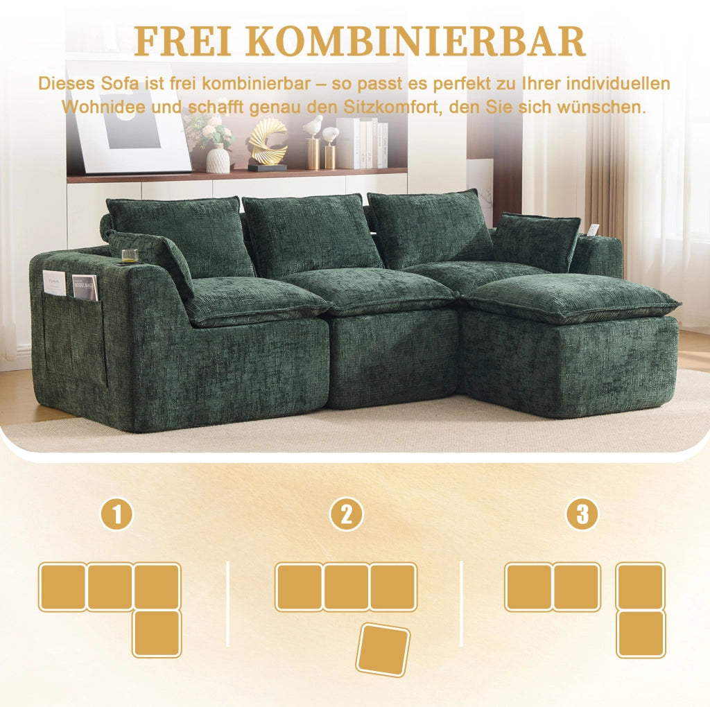 DIVANO Modulare con pouf 256x161x75 cm in ciniglia verde