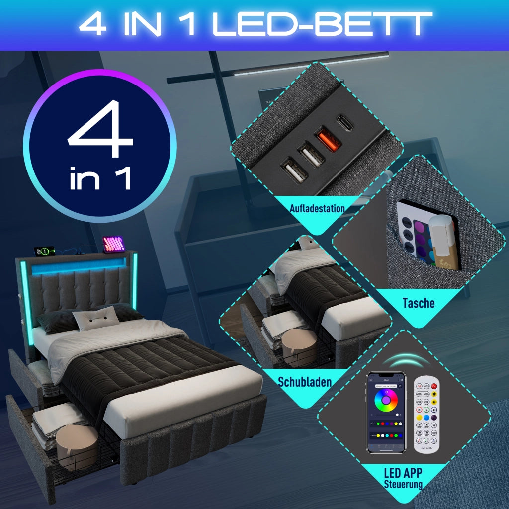 Letto singolo imbottito 90 × 200 cm grigio con LED USB tipo C e due cassetti