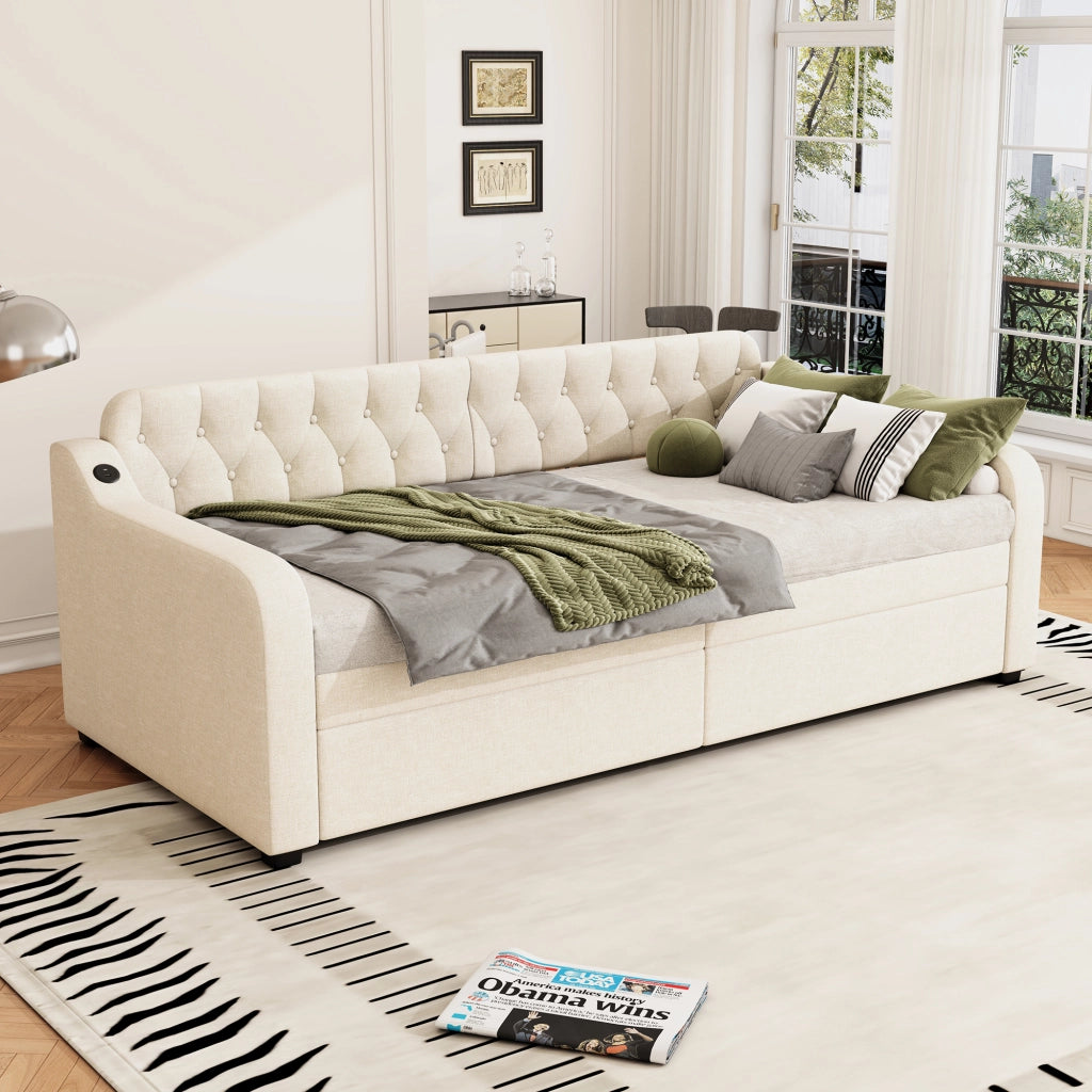 Divano letto beige 90 x 200 cm con letto estraibile