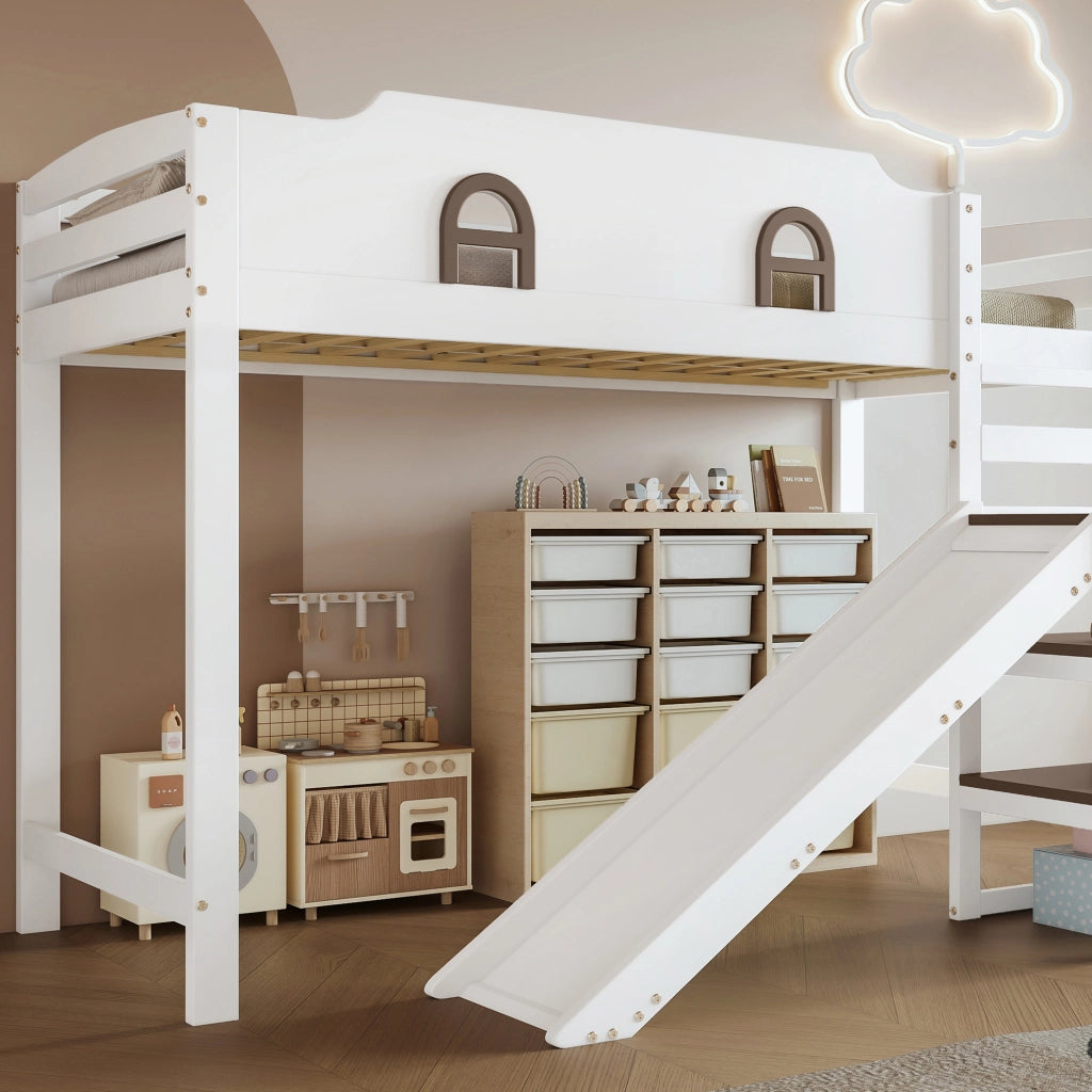 Letto a castello per bambini 90x200 cm con scivolo e scala contenitore; bianco