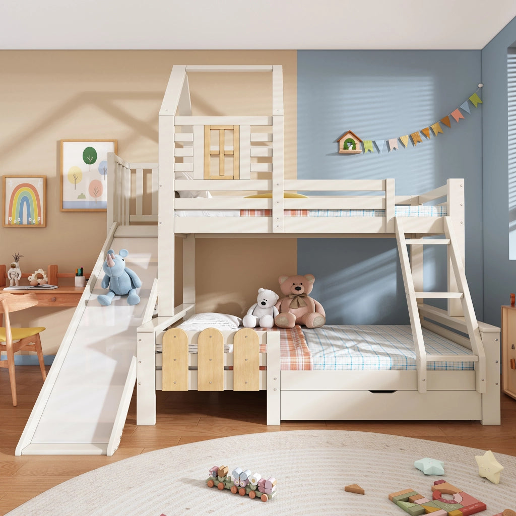 Letto a castello con scivolo e scala; bianco e legno; 90x200/140x200 cm