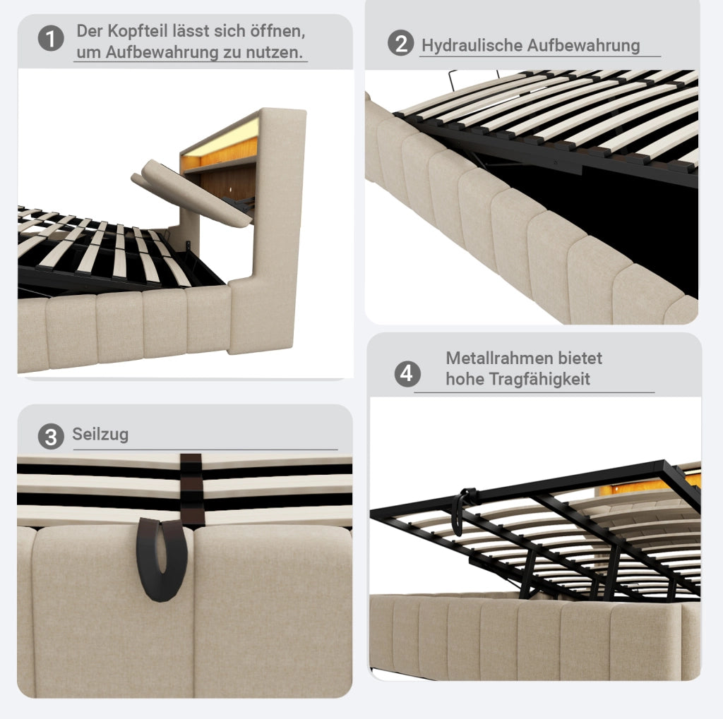 Letto contenitore 140x200 cm beige con LED e prese USB