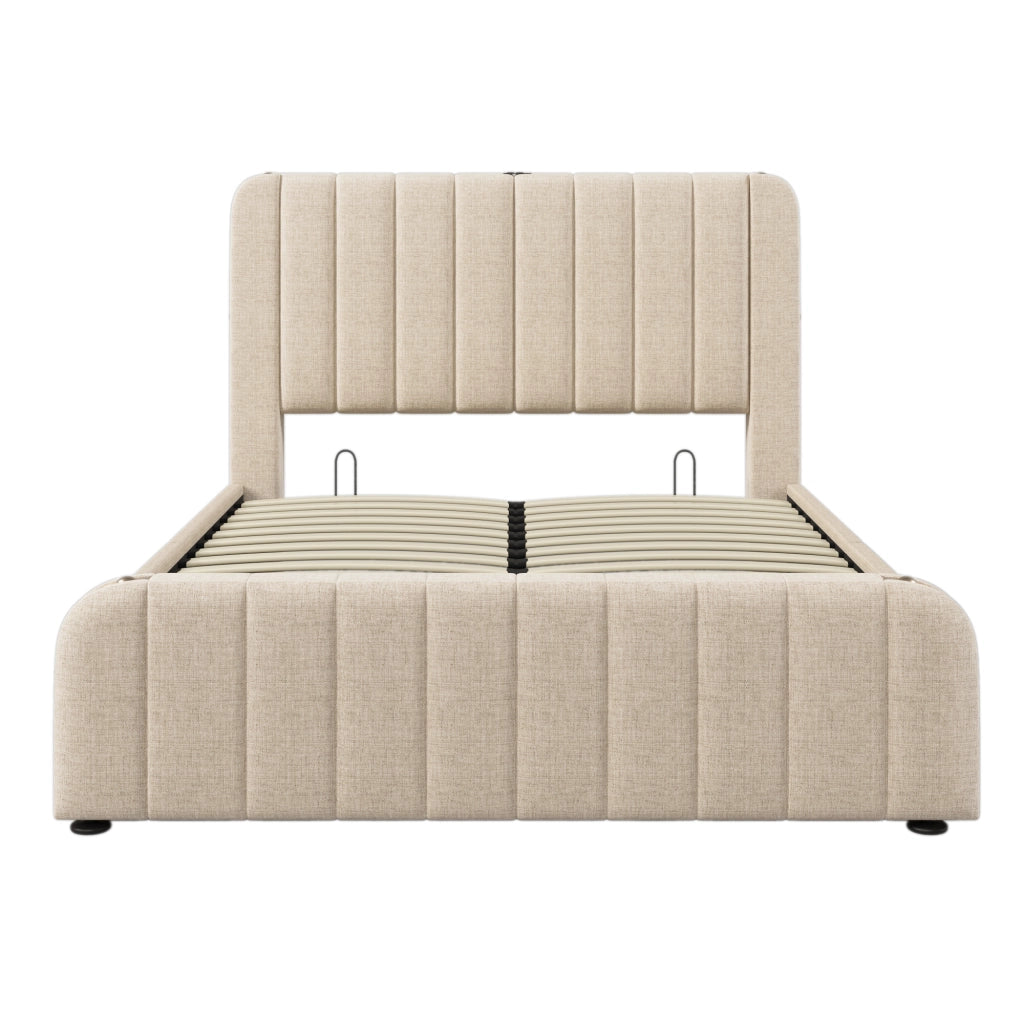 Letto contenitore matrimoniale 140x190 cm beige imbottito