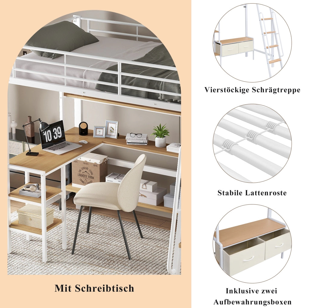 Letto a soppalco 90x200 cm con scrivania; scaffale e contenitori in metallo e MDF