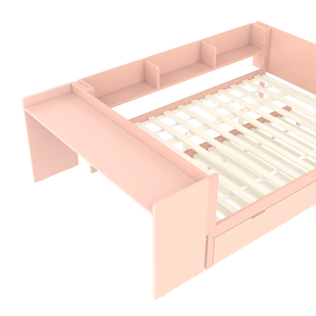 Letto Combinato 140x200 cm, Letto Matrimoniale - Scrivania e Rete Estraibile - Rosa