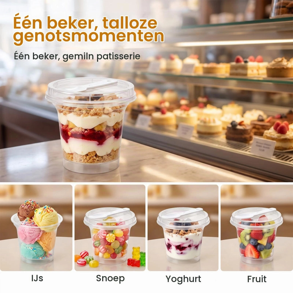 50 bicchieri di plastica per dessert da 180 ml, con coperchio, trasparenti
