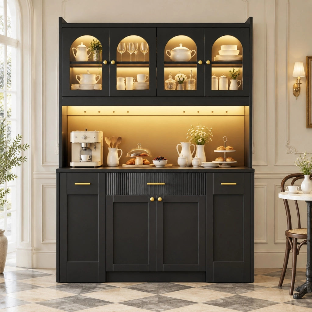 Mobile alto da cucina nero 120 cm con LED RGB e vetrine