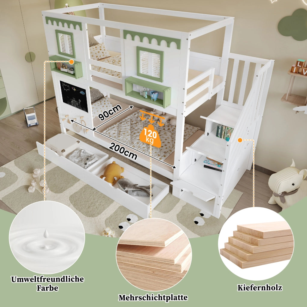 Letto a castello per bambini 90x200 cm con scala contenitore e cassetti; bianco e verde