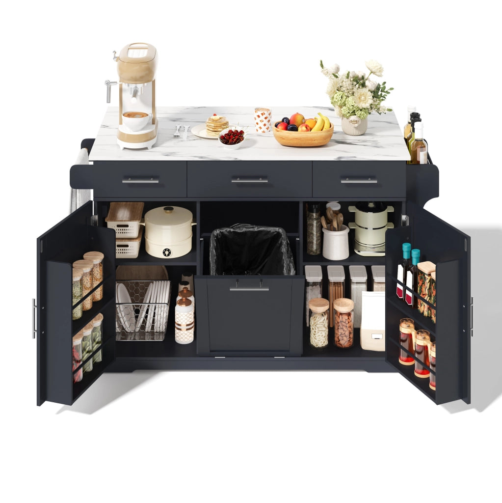 Isola cucina mobile grigia con piano ribaltabile e prese USB