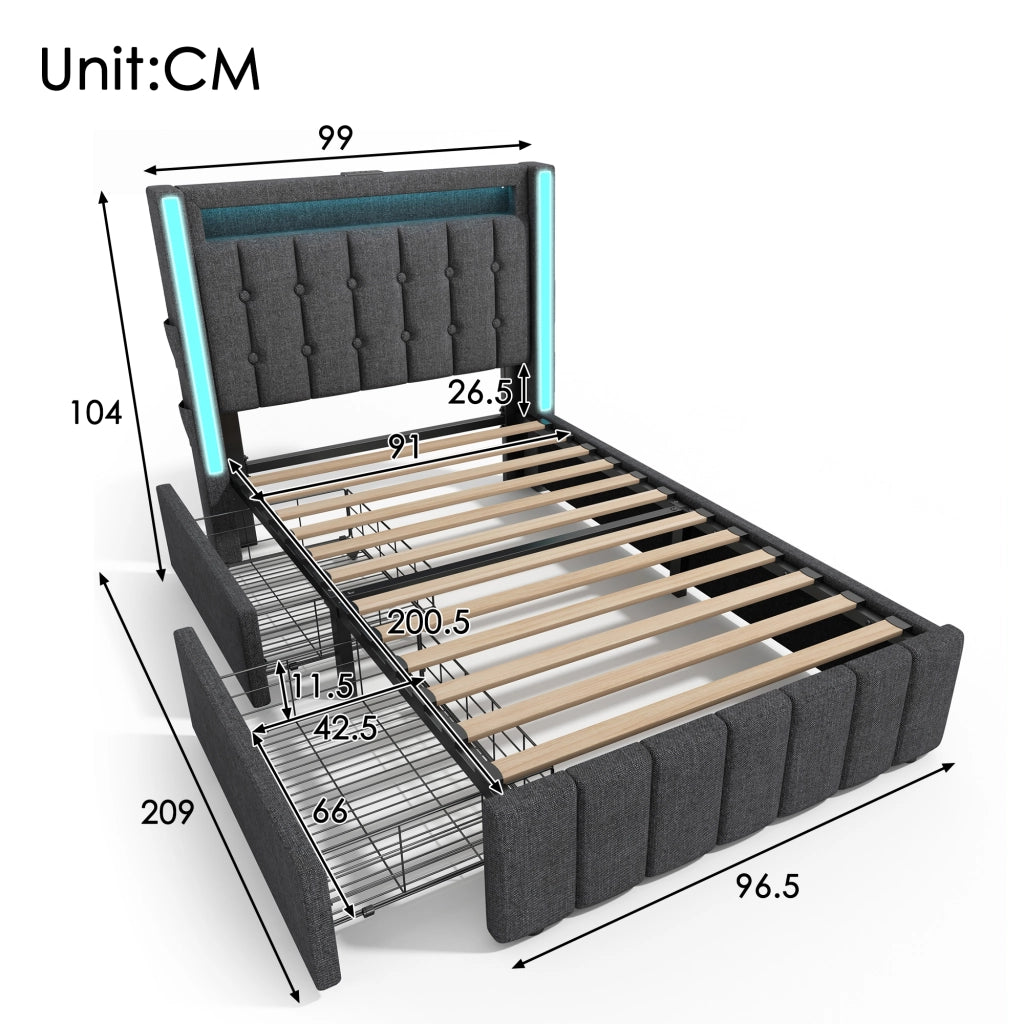 Letto singolo imbottito 90 × 200 cm grigio con LED USB tipo C e due cassetti