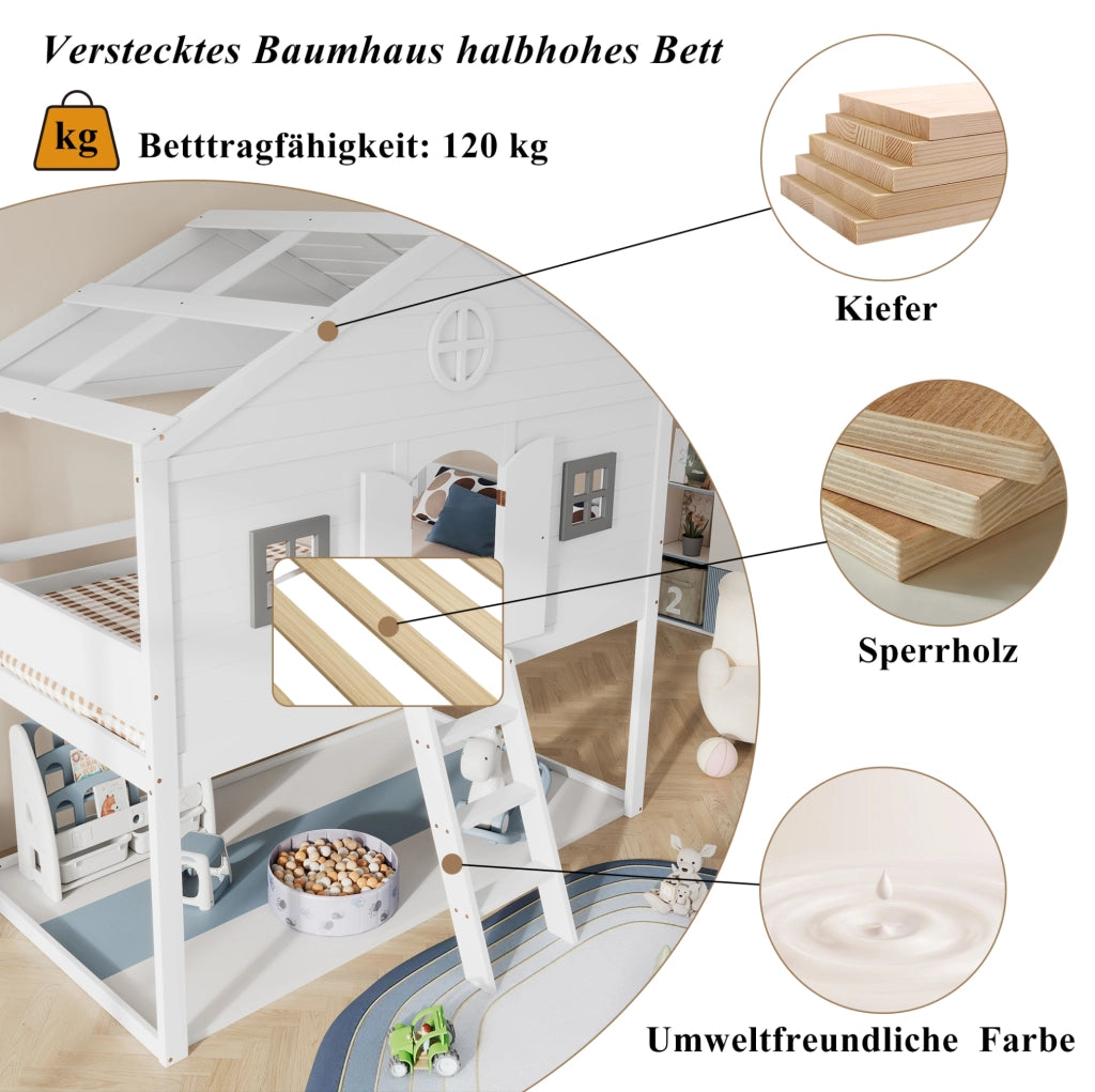 Letto a soppalco per bambini 90x200 cm con scala e protezione anticaduta; bianco e grigio