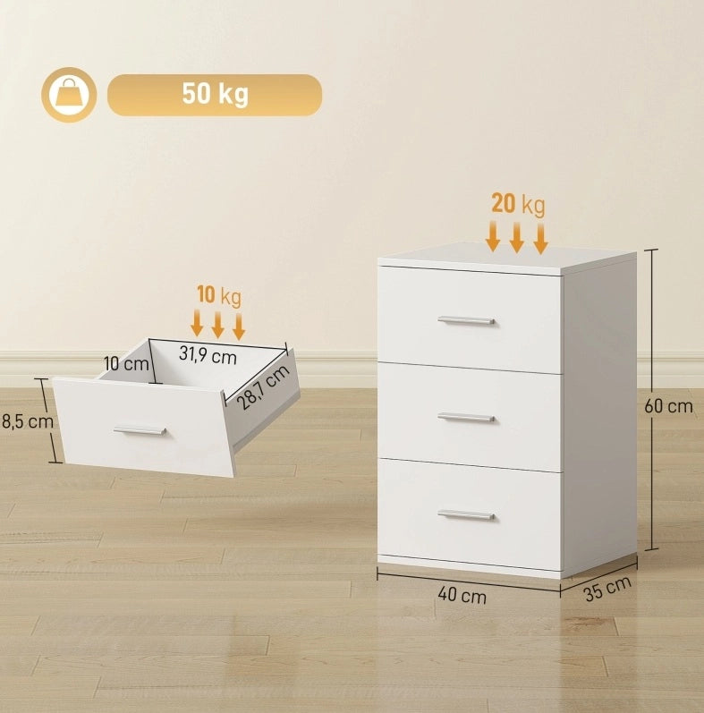 Comodino bianco 40x35x60 cm con 3 cassetti e maniglie argentate in MDF
