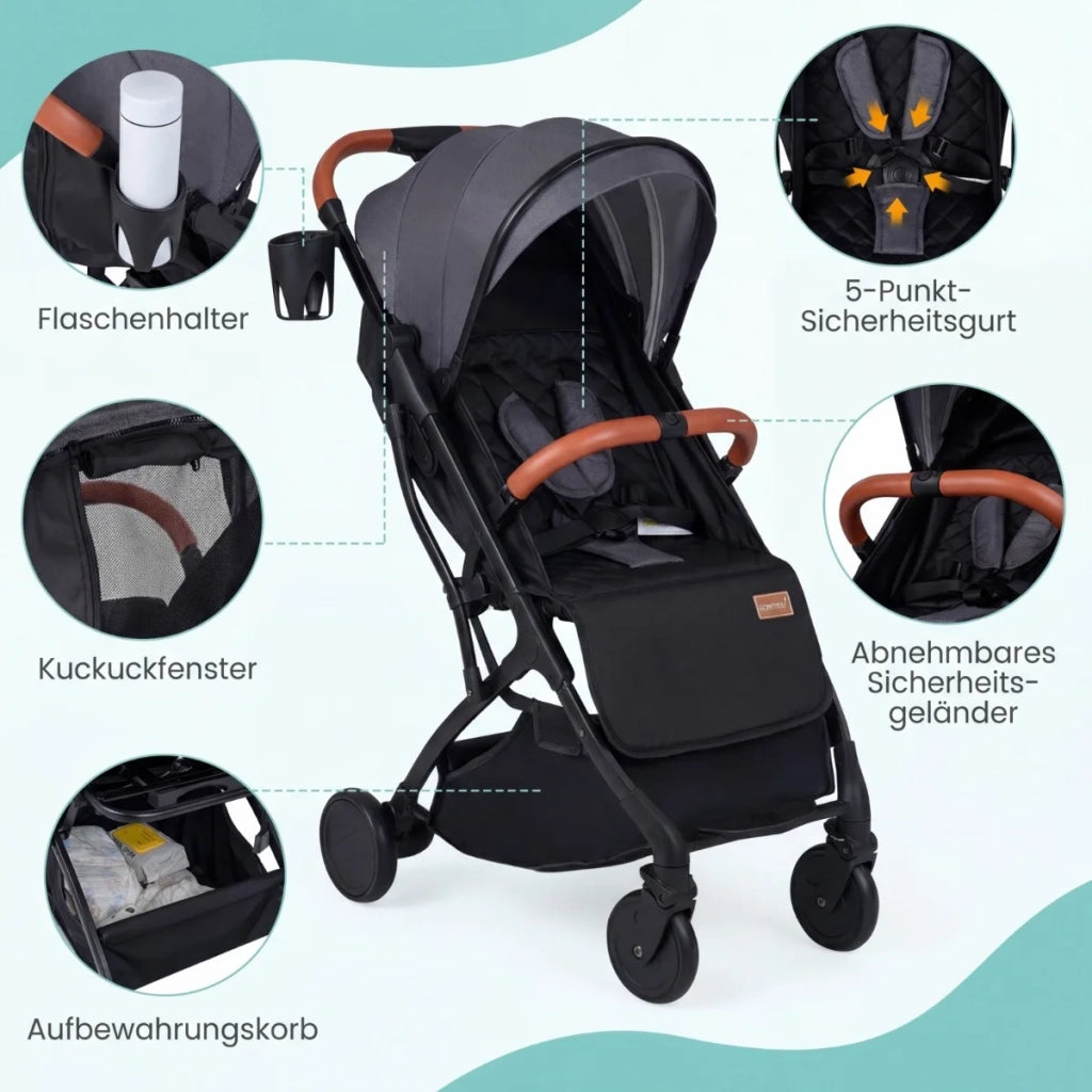 Foldable stroller with rain cover & adjustable backrest & footrest, travel buggy, grey