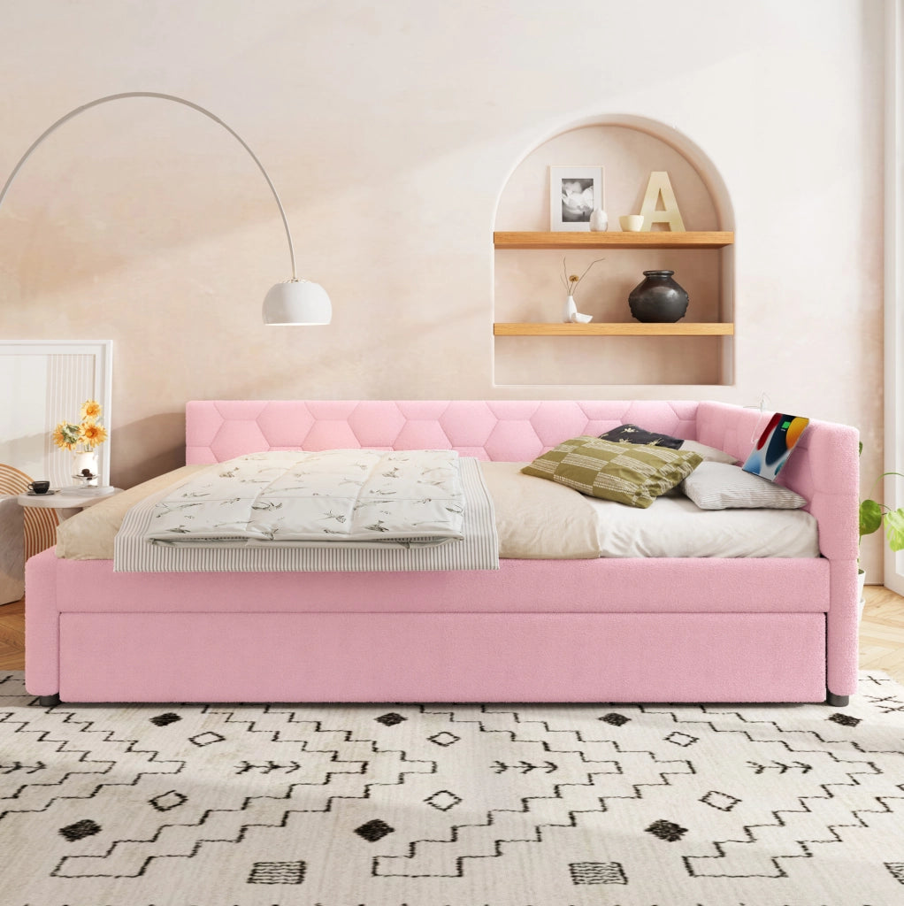 Daybed 140x200 cm con letto estraibile, USB e Type-C, lampada integrata, velluto rosa