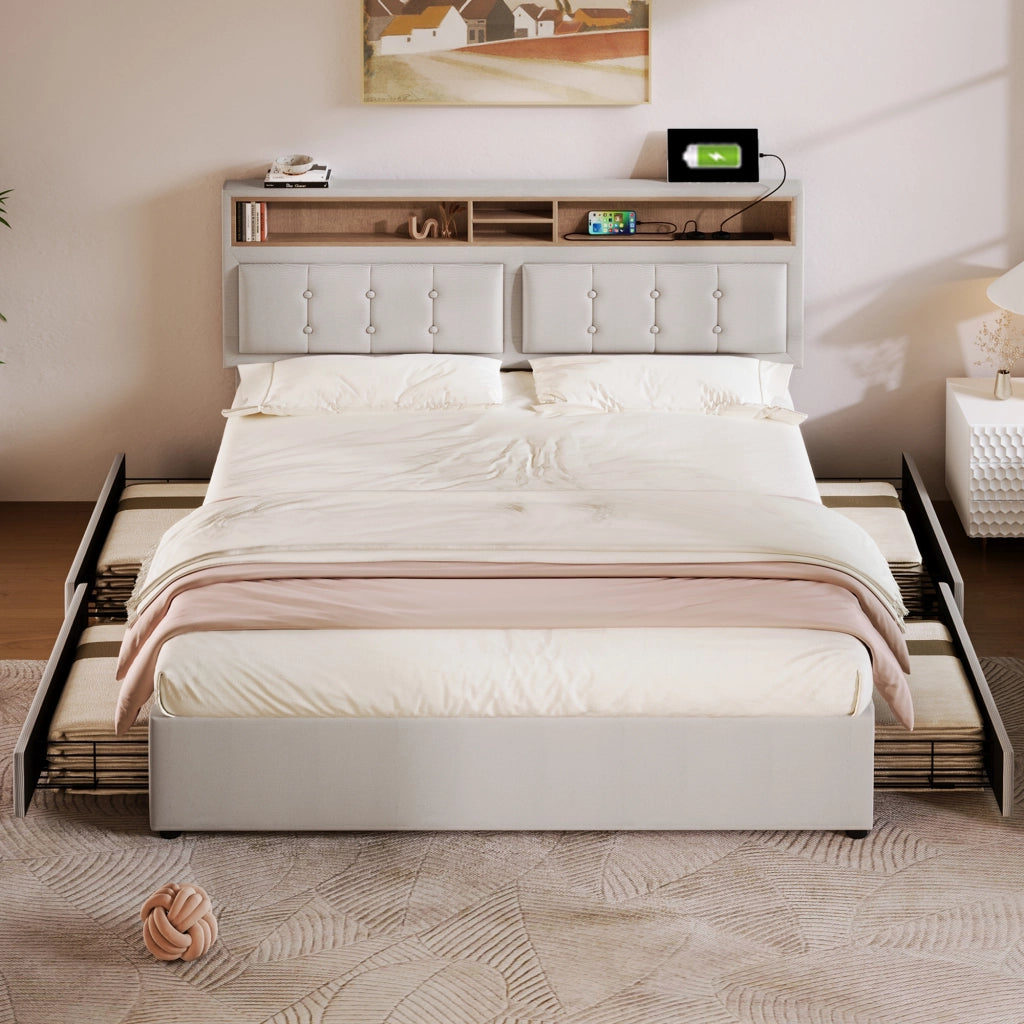 Letto matrimoniale 140x200 imbottito in lino con 4 cassetti