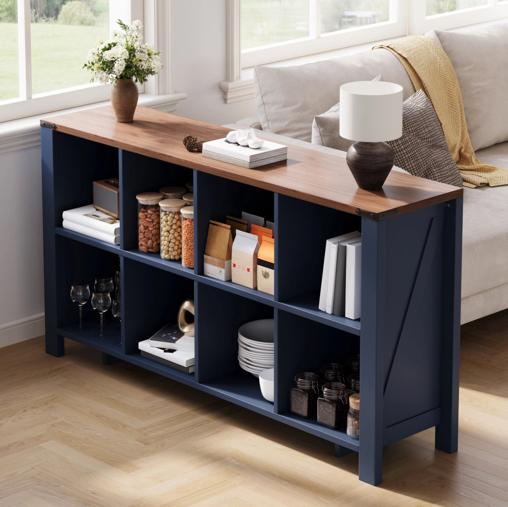 Libreria orizzontale blu in MDF con 8 vani, 140x34x75 cm