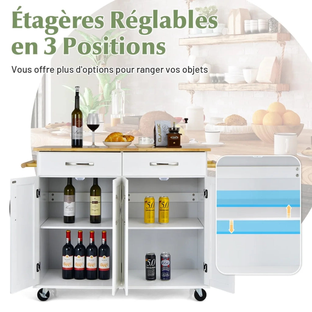 Kitchen Island on Lockable Wheels with Rubber Wood Countertop-White