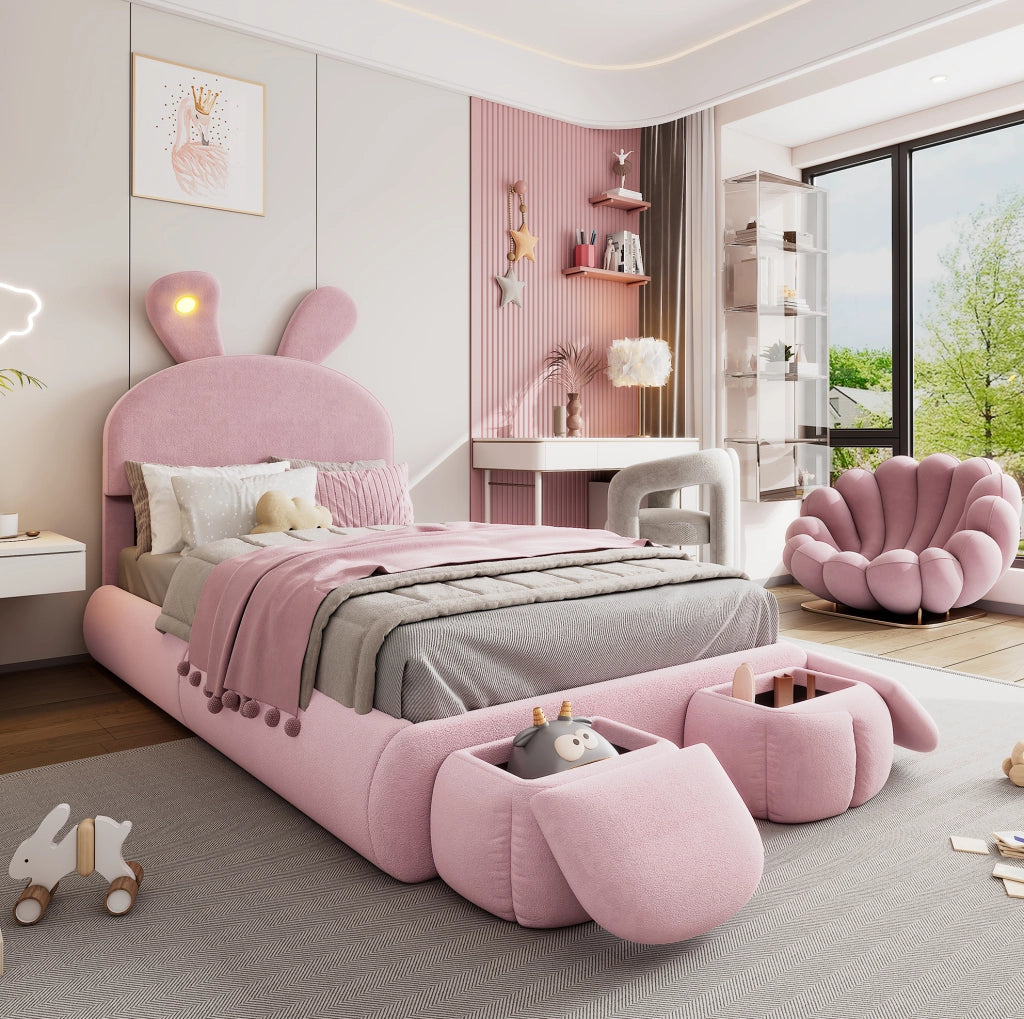 Letto singolo per bambini 90x200 cm con orecchie da coniglio LED e 2 pouf rosa