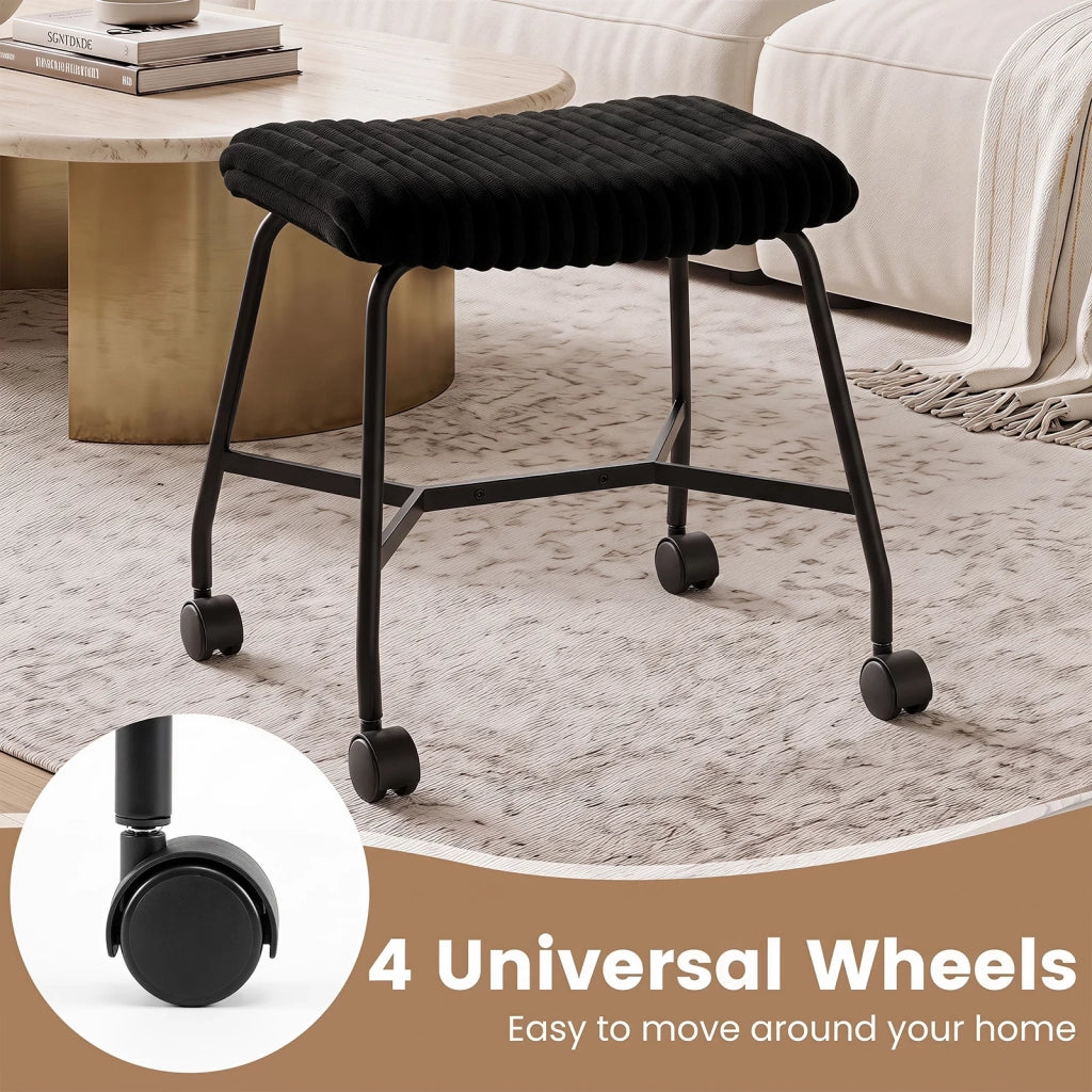 Set of 2 padded rolling stools with curved seat and 4 smooth-rolling casters, black