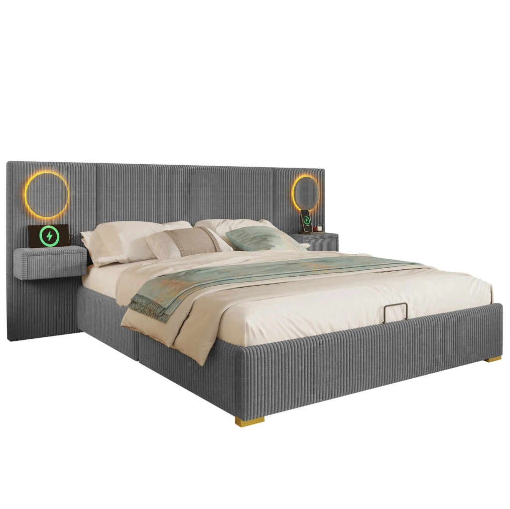Letto matrimoniale 180x200 grigio con LED, USB e contenitore