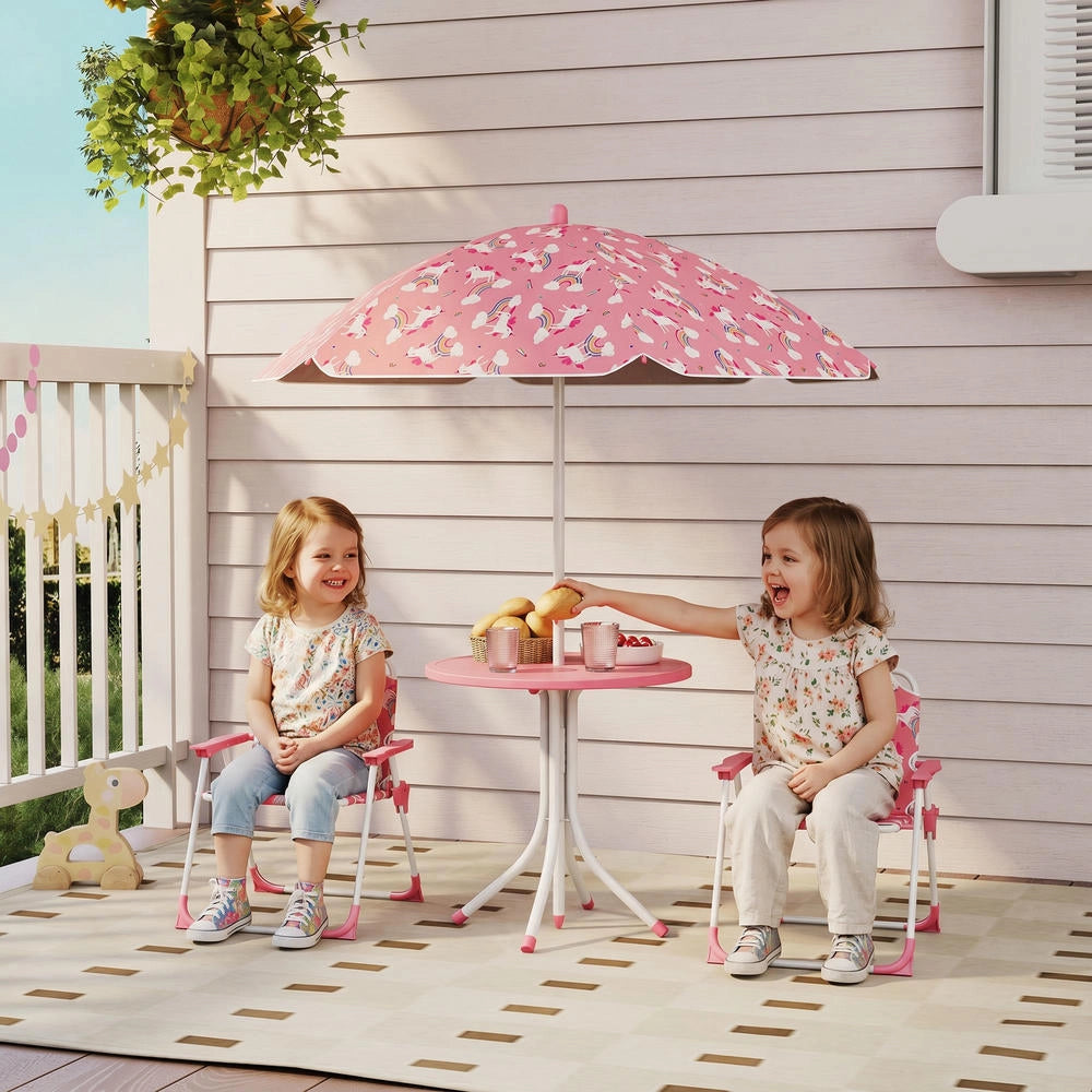 Set Tavolo da Picnic per Bambini con Sedie e Ombrellone Rosa Pratico e Resistente per Giardino