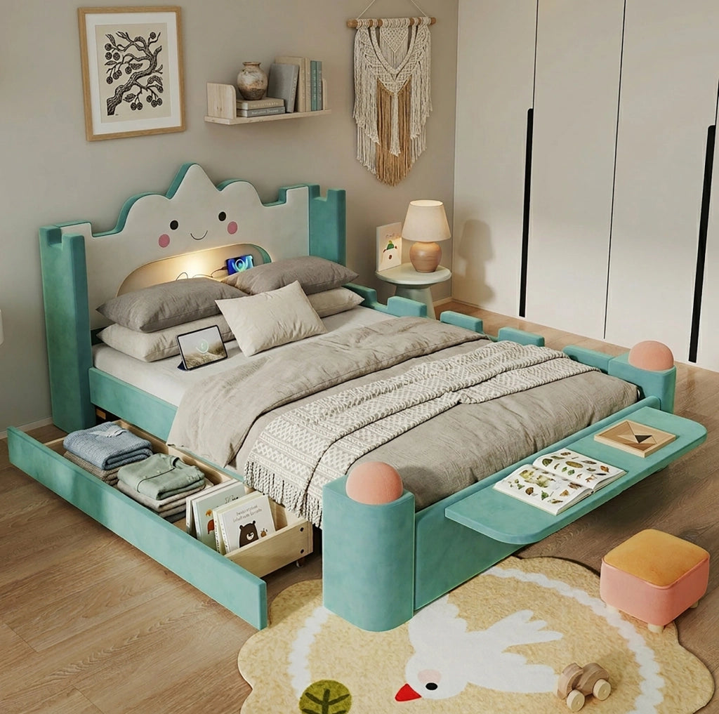 Letto imbottito per bambini 140x200 cm con cassetto; USB e lampada LED; blu-verde