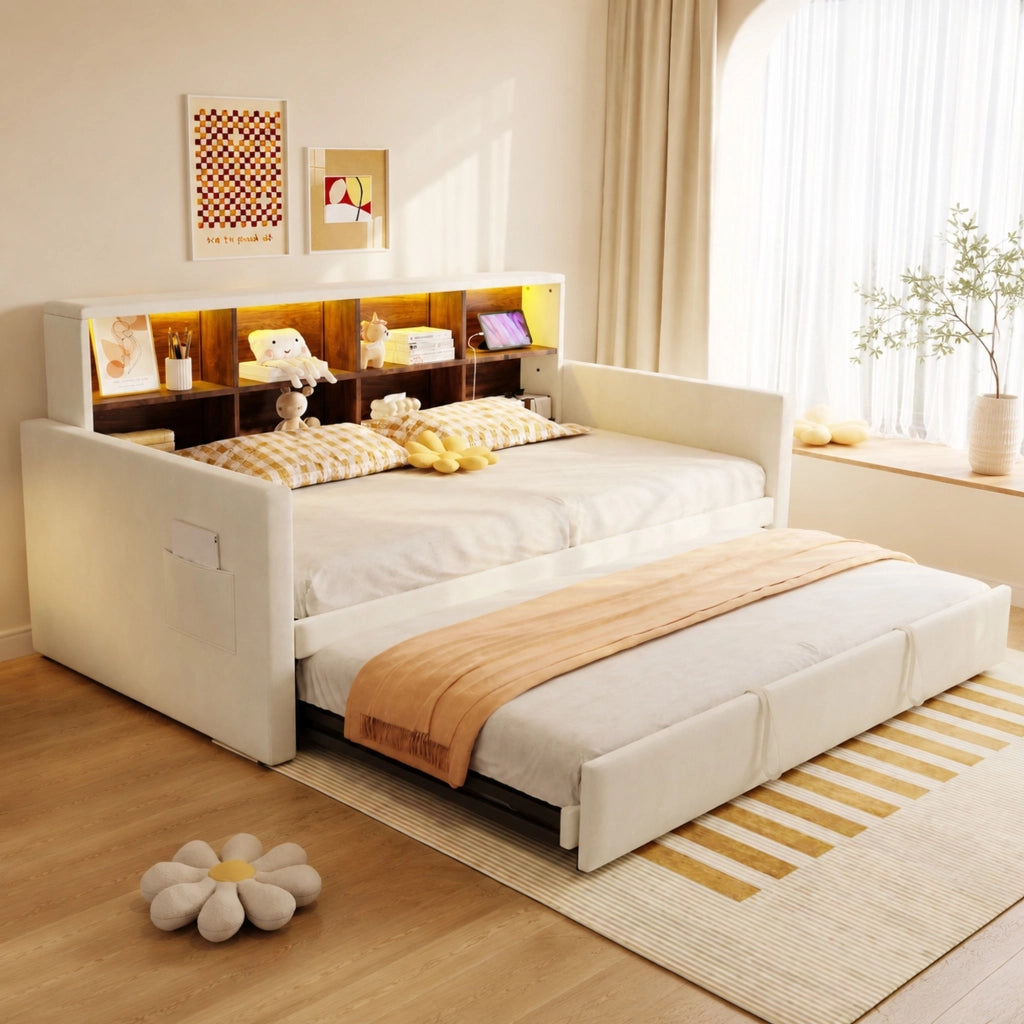 Divano letto imbottito 90x190 cm con contenitore, LED e prese integrate, velluto beige