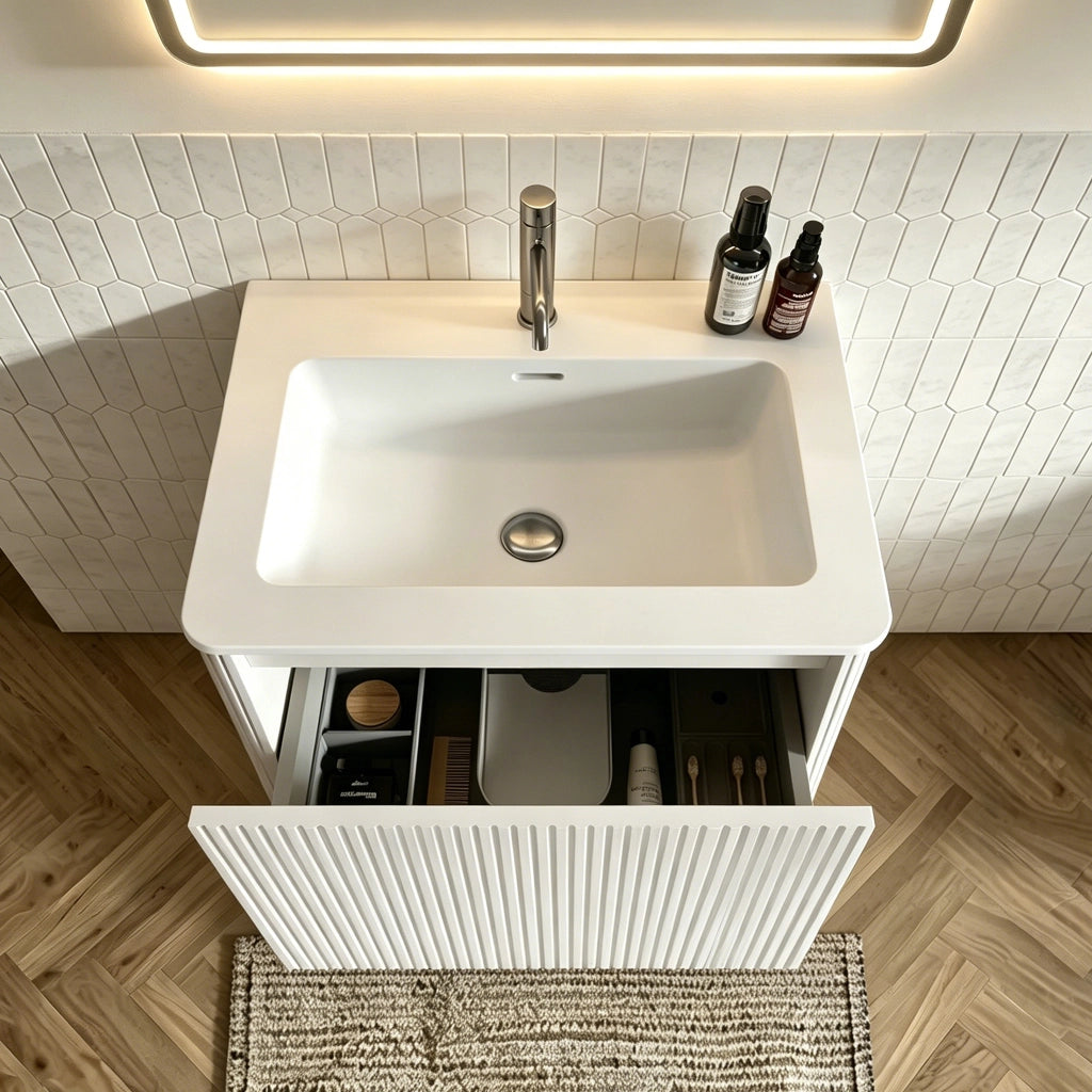 Mobile bagno sospeso con lavabo specchio LED e colonna laterale in vetro MDF compensato e solid surface bianco