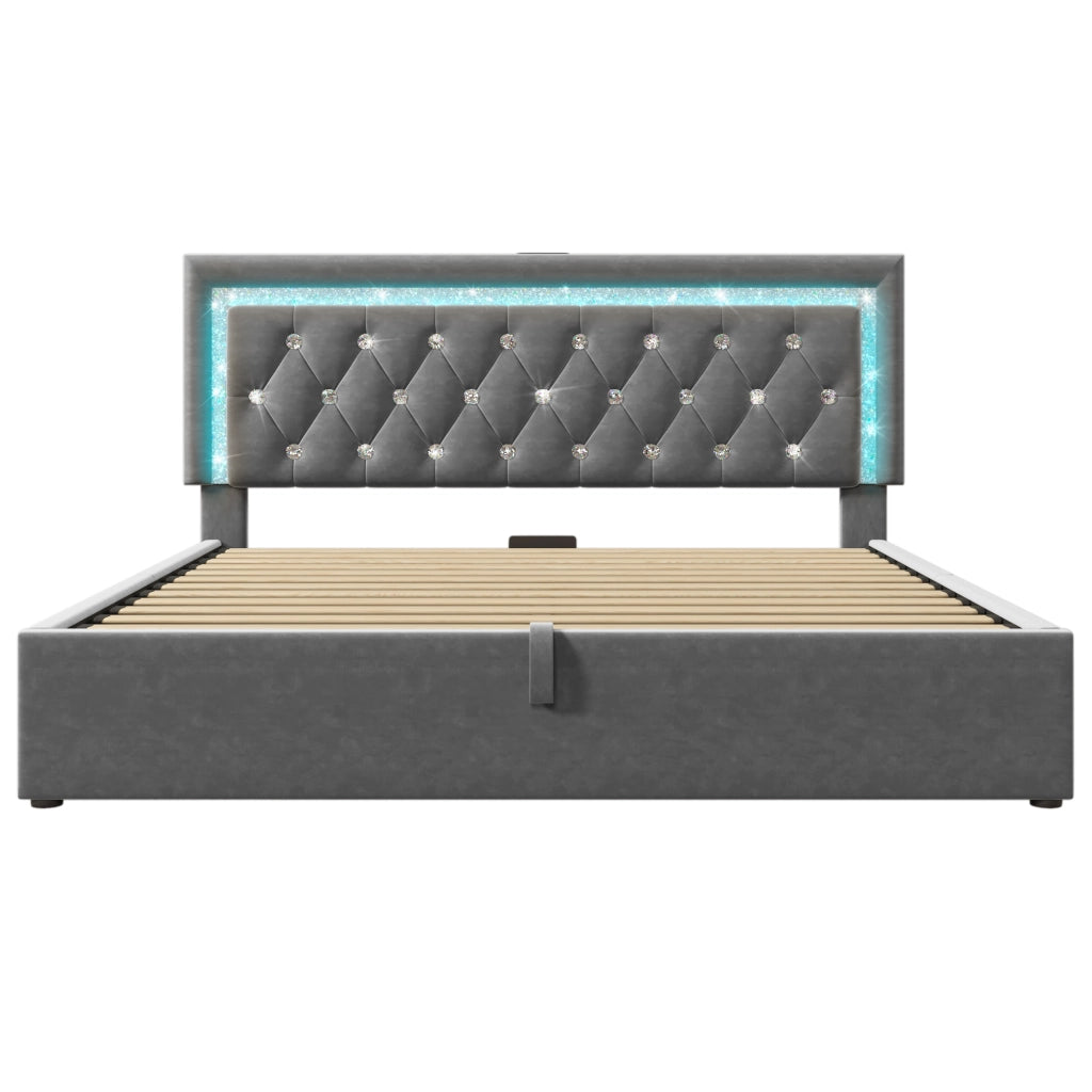 Letto matrimoniale imbottito 140x200 cm grigio con LED