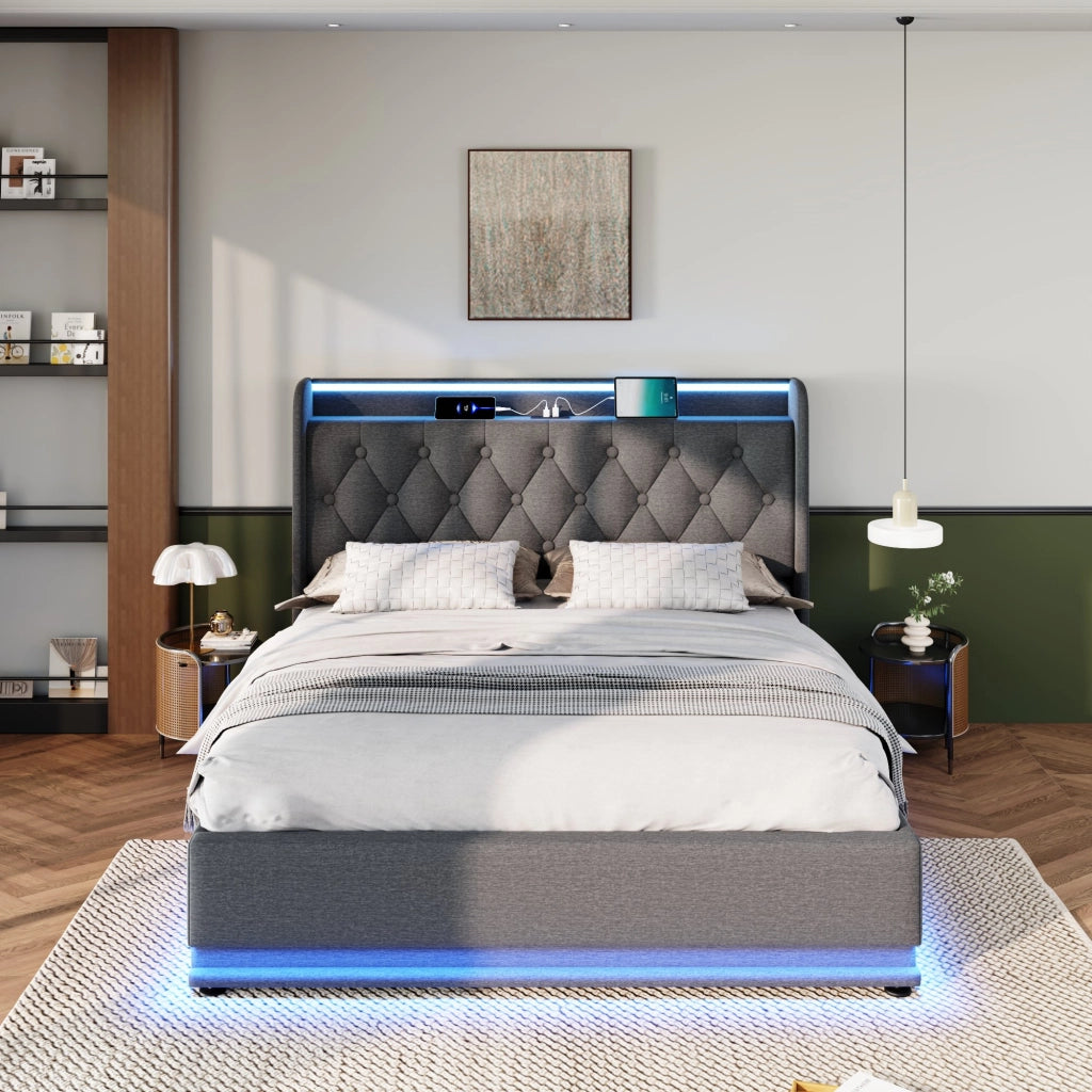 Letto matrimoniale contenitore 140x200 cm grigio con LED