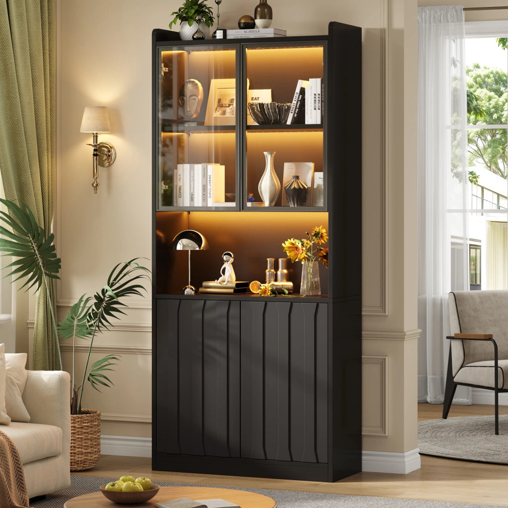Vetrina alta 80x35x200 cm con 4 ante; LED Bluetooth e ripiani regolabili; nera