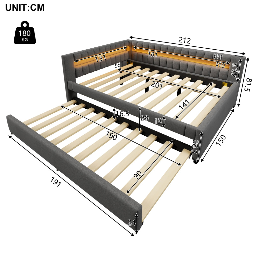 Letto con letto estraibile 140 × 200 cm con LED USB e Type-C in lino e MDF grigio