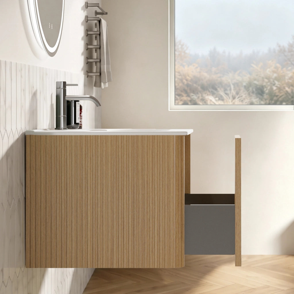Mobile da bagno sospeso con lavabo integrato e specchio LED regolabile in MDF compensato vetro e solid surface rovere