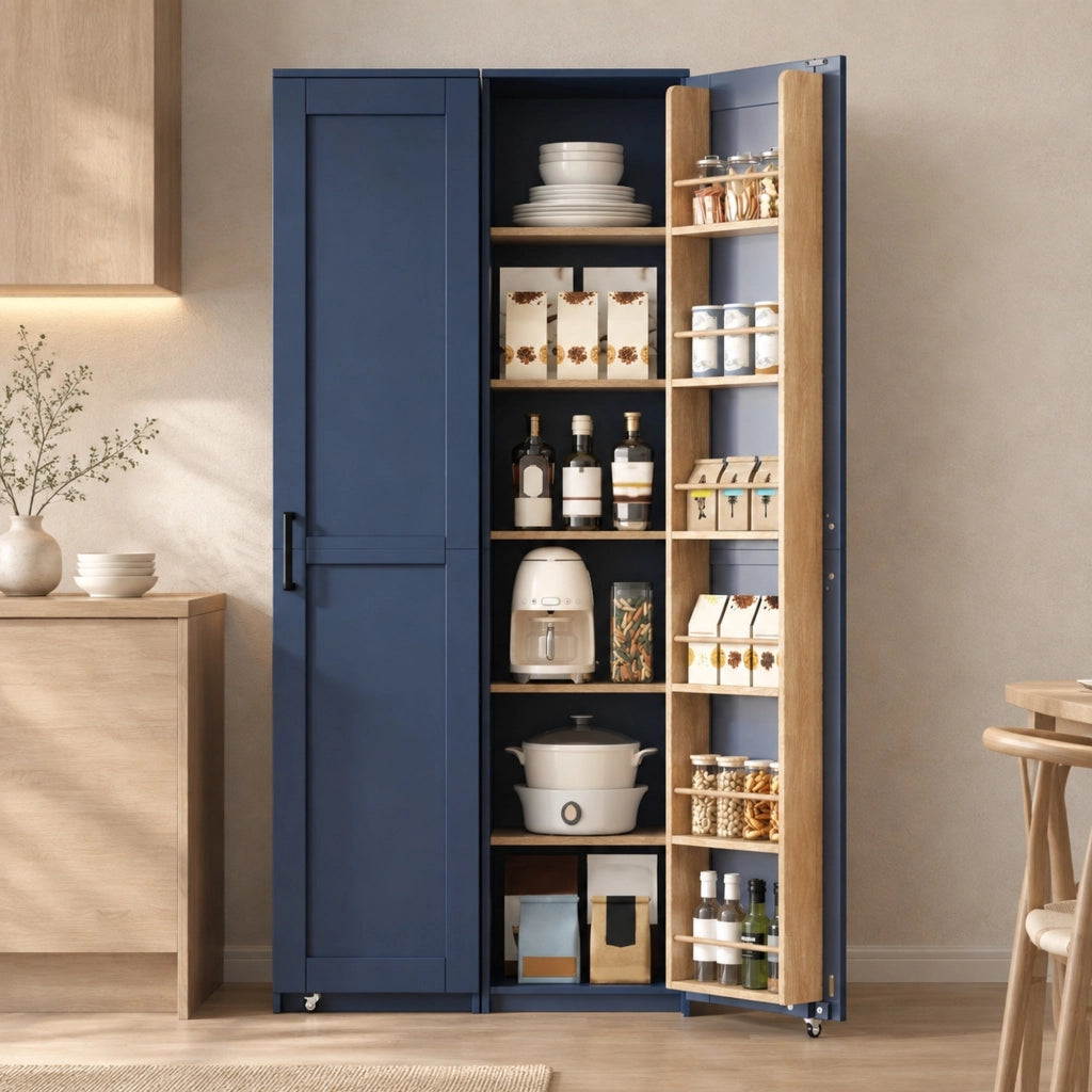 Armadio alto blu in MDF con ripiani regolabili e vani nell’anta, 40 × 40 × 183 cm