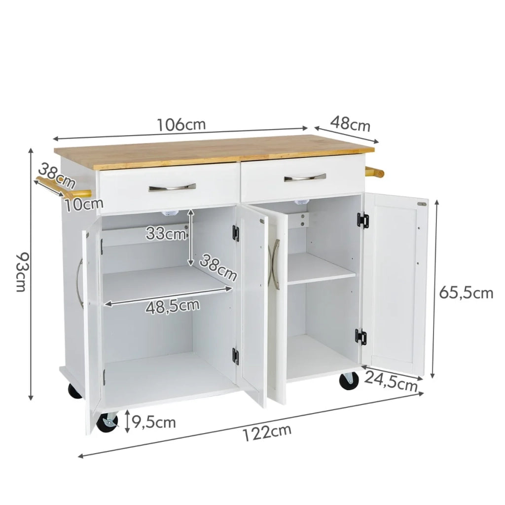 Kitchen Island on Lockable Wheels with Rubber Wood Countertop-White