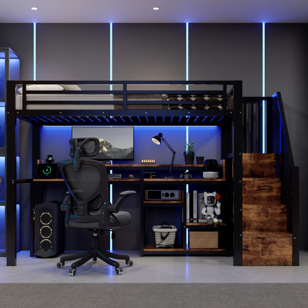 Letto a soppalco 90 × 200 cm in metallo e MDF nero con armadio scala ripiani LED USB e USB C