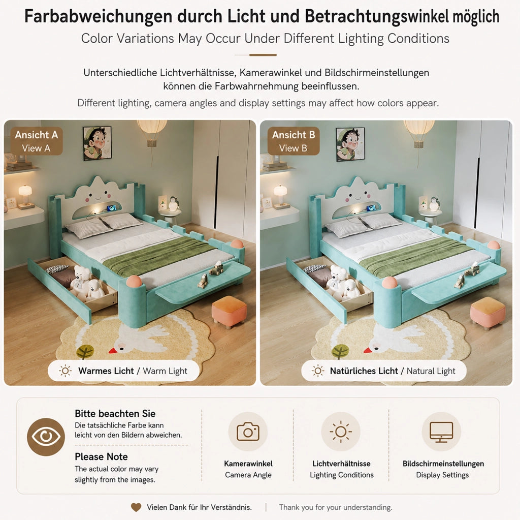 Letto imbottito per bambini 140x200 cm con cassetto; USB e lampada LED; blu-verde