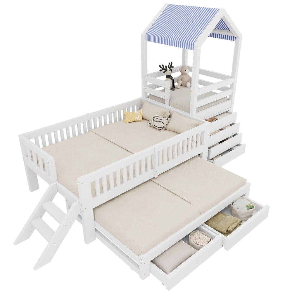 Letto a casetta per bambini bianco 90x200 cm con letto estraibile