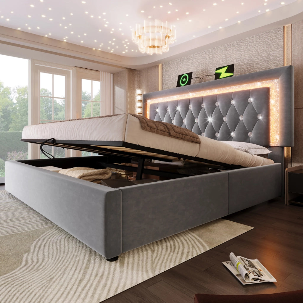 Letto matrimoniale imbottito 140x200 cm grigio con LED