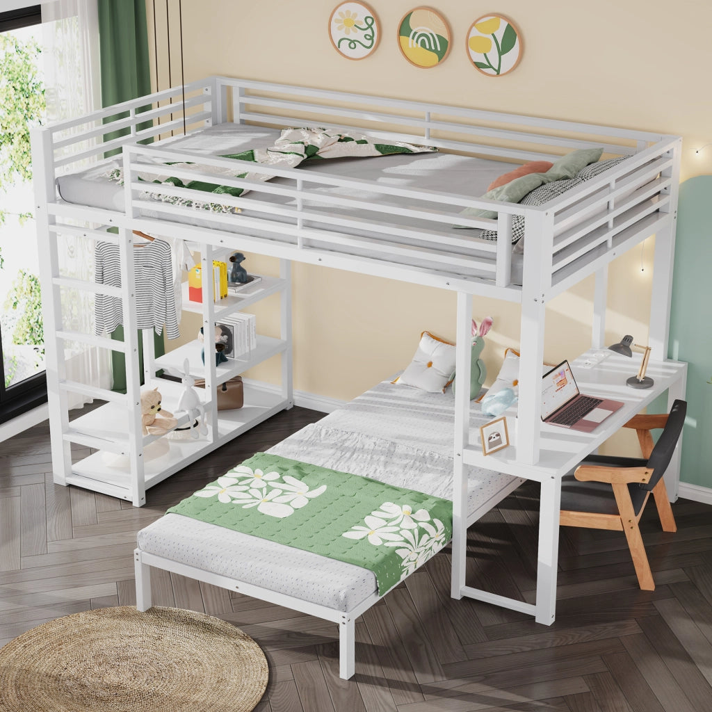 Letto a soppalco 90x200 cm con scrivania e ripiani