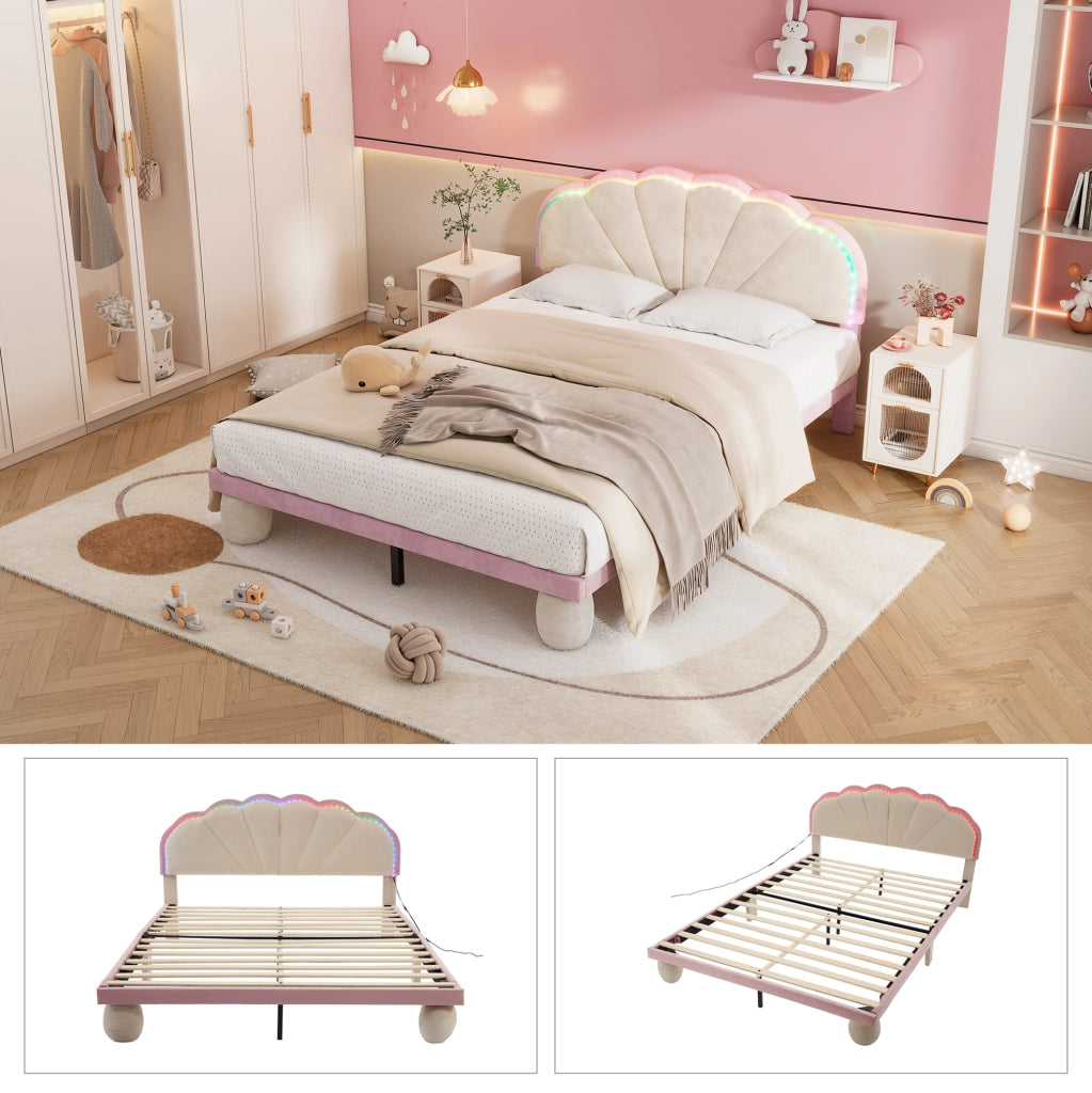 Letto imbottito per bambini 140x200 cm con luci multicolore in velluto beige e rosa