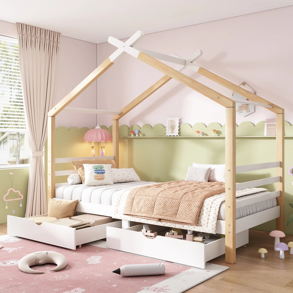 Letto casa per bambini bianco 90x200 cm con cassetti