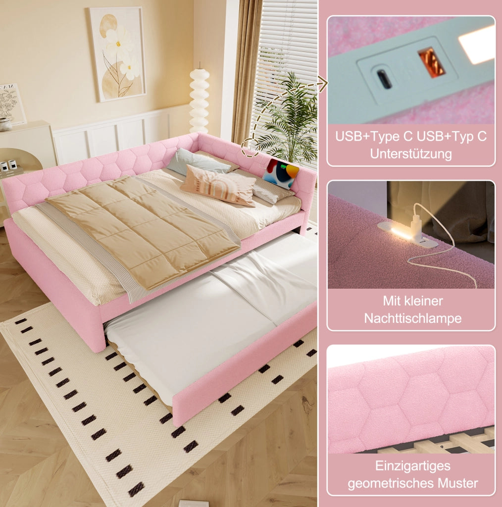 Daybed 140x200 cm con letto estraibile, USB e Type-C, lampada integrata, velluto rosa