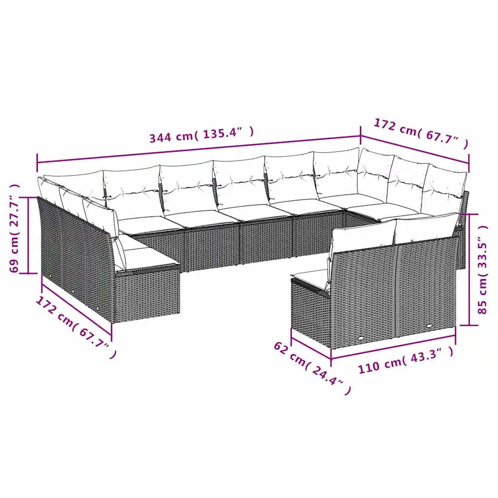 Set Divani da Giardino 12 pz con Cuscini Nero in Polyrattan 3218365
