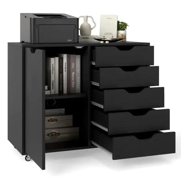 5-Drawer Chest with Door and Adjustable Shelf-Black