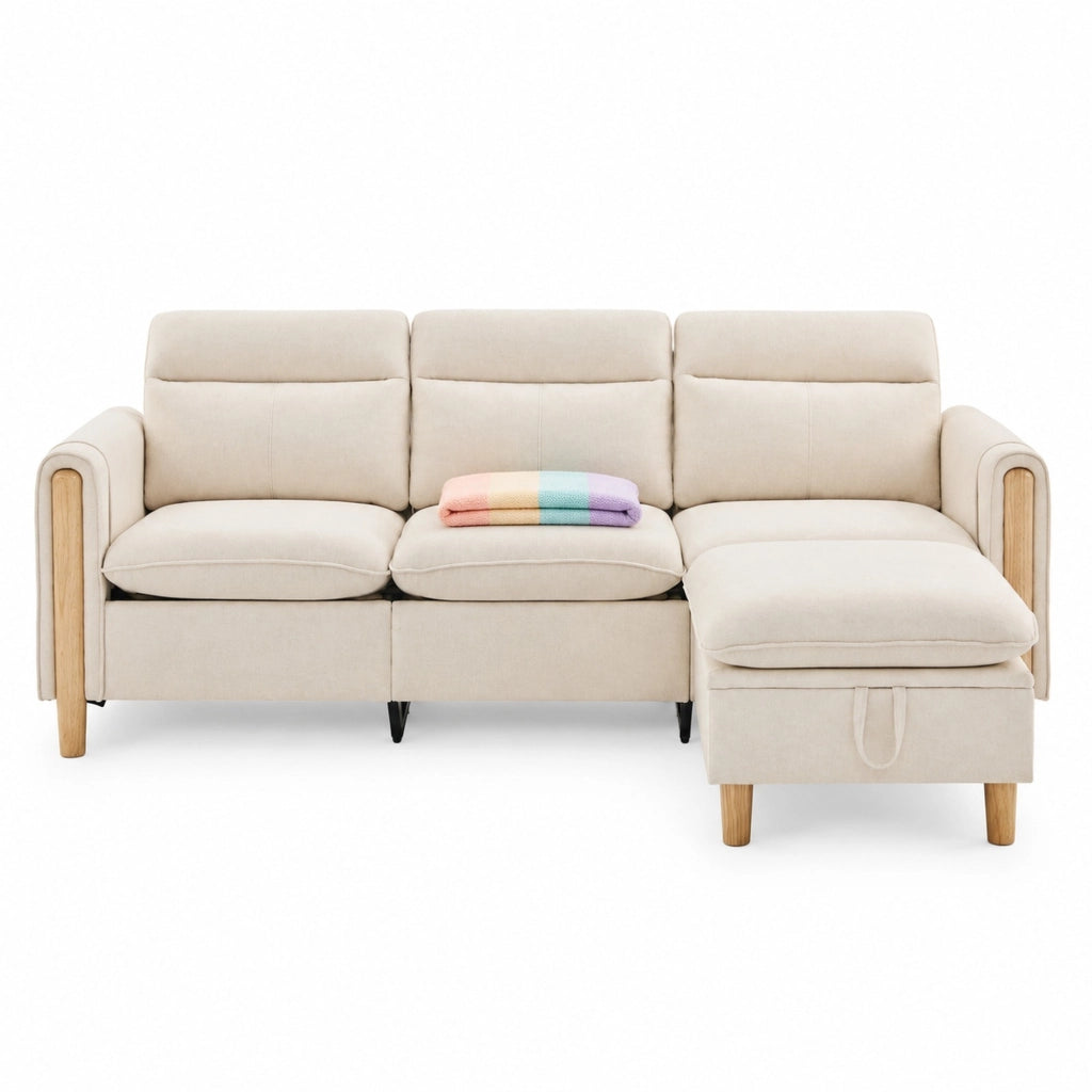 DIVANO angolare 3 posti con pouf contenitore 201x77x86 cm in ciniglia beige