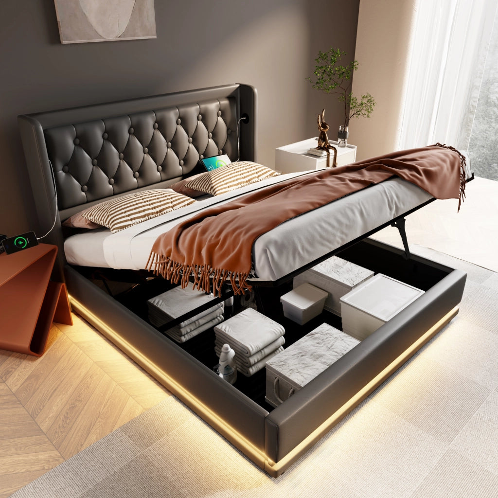 Letto contenitore matrimoniale 140x200 cm nero in PU